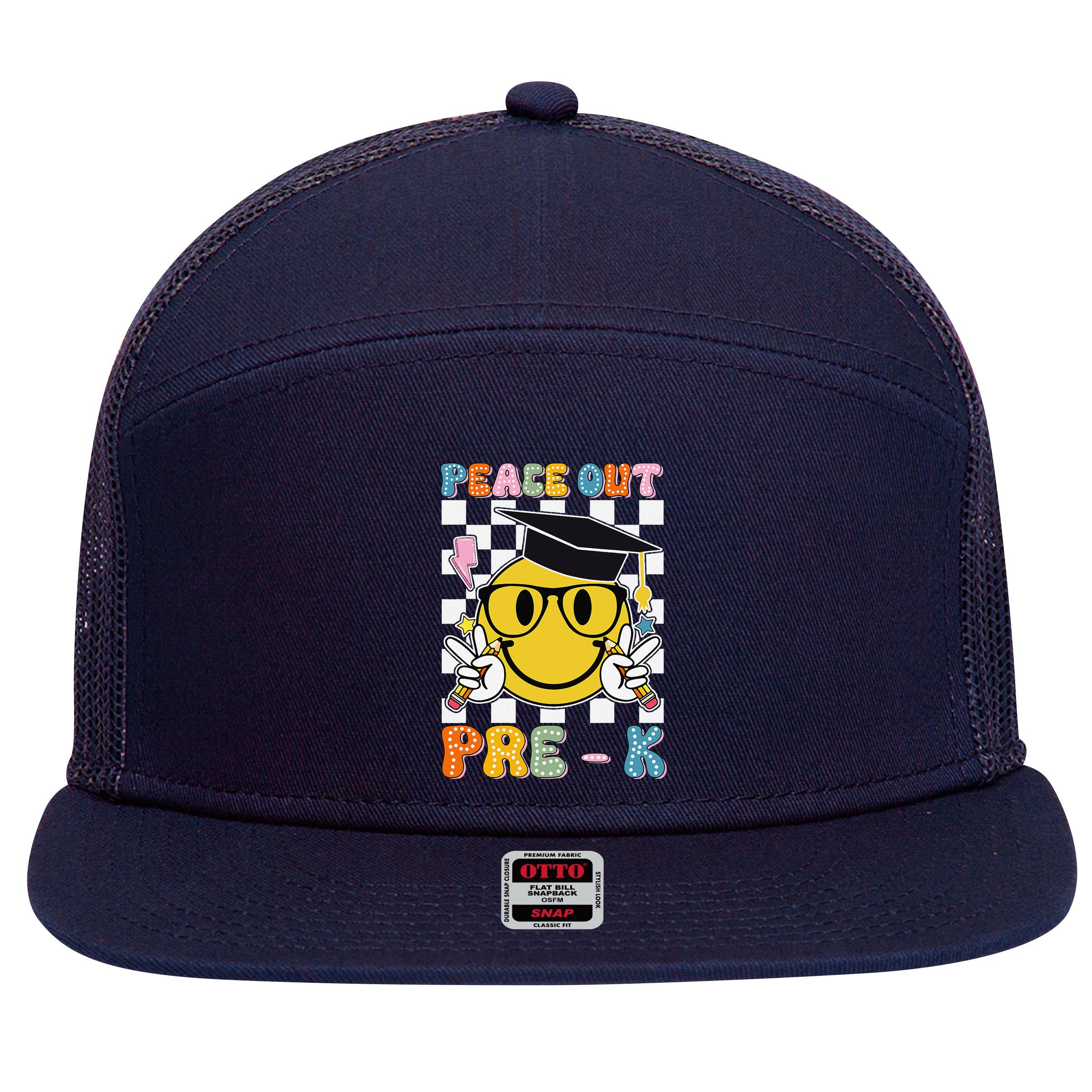 Peace Out Pre K Last Day Of School Smile Face Teachers 7 Panel Mesh Trucker Snapback Hat