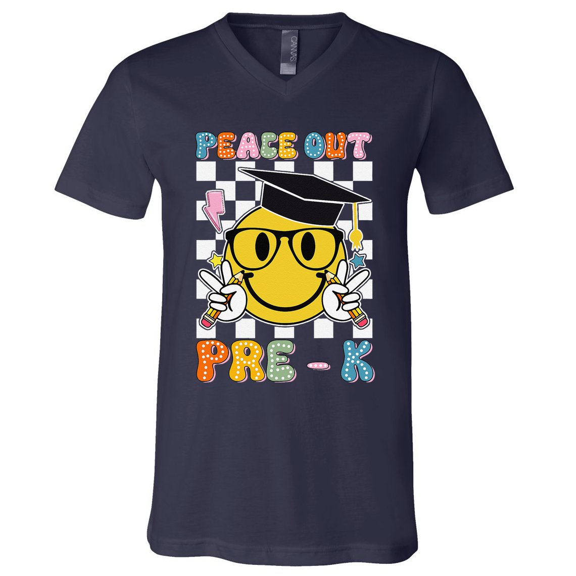 Peace Out Pre K Last Day Of School Smile Face Teachers V-Neck T-Shirt