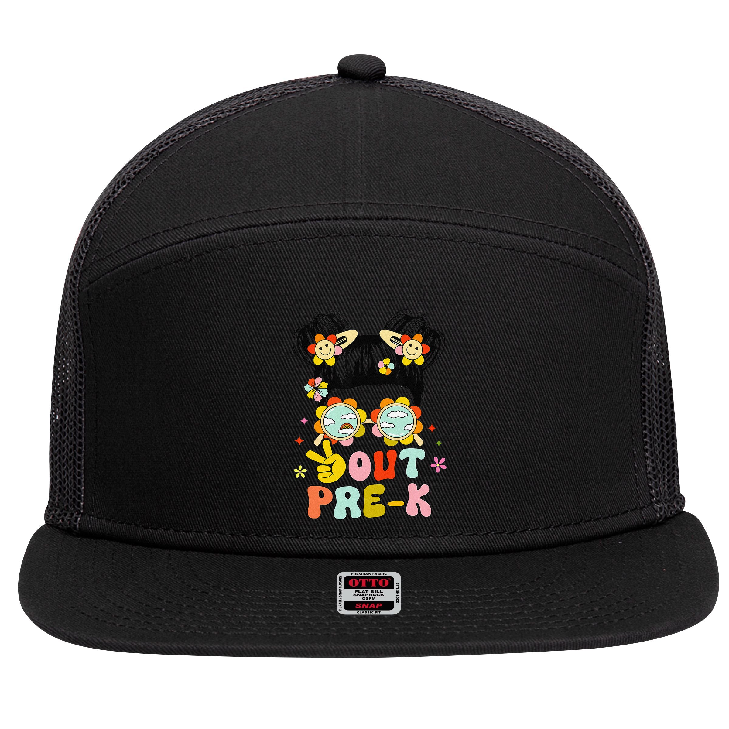 Peace Out Prek Graduation Messy Bun 7 Panel Mesh Trucker Snapback Hat