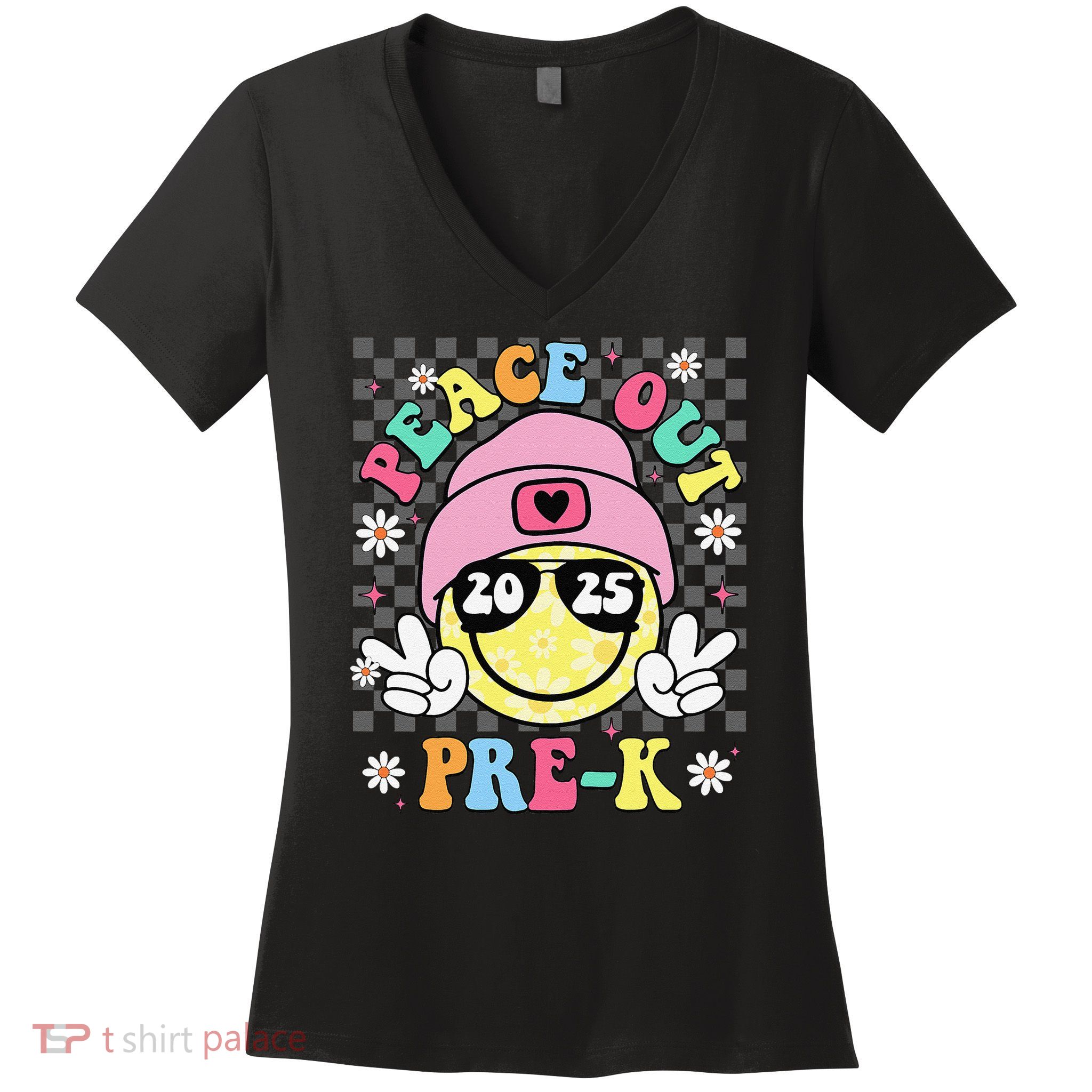 Peace Out Pre-K Smile Face Last Day Of School Girl Women's V-Neck T-Shirt