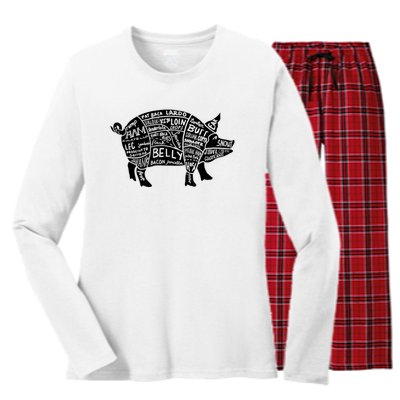 Parts Of Pork Funny Hog Meat Cuts Chefs Cooks Butchers Women's Long Sleeve Flannel Pajama Set 