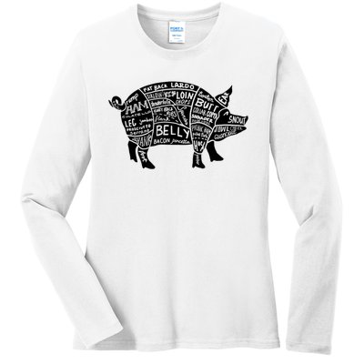 Parts Of Pork Funny Hog Meat Cuts Chefs Cooks Butchers Ladies Long Sleeve Shirt