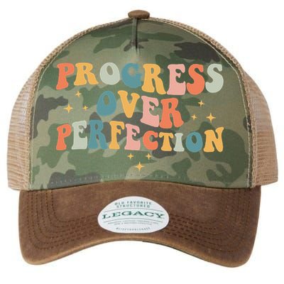 Progress Over Perfection Motivational Teacher Groovy Retro Legacy Tie Dye Trucker Hat