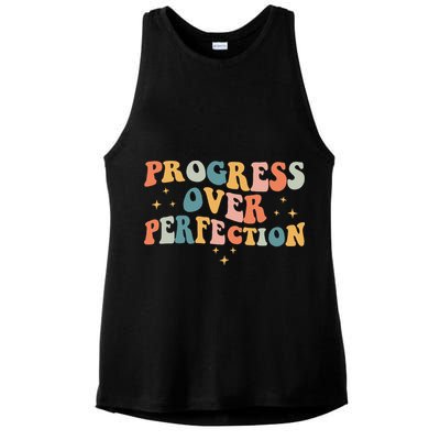 Progress Over Perfection Motivational Teacher Groovy Retro Ladies PosiCharge Tri-Blend Wicking Tank