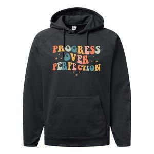 Progress Over Perfection Motivational Teacher Groovy Retro Performance Fleece Hoodie