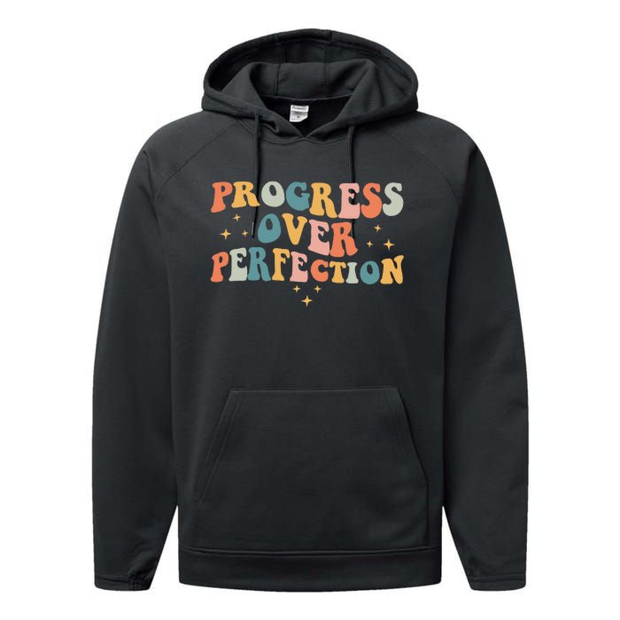 Progress Over Perfection Motivational Teacher Groovy Retro Performance Fleece Hoodie