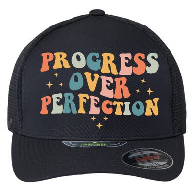 Progress Over Perfection Motivational Teacher Groovy Retro Flexfit Unipanel Trucker Cap