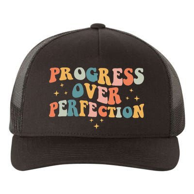 Progress Over Perfection Motivational Teacher Groovy Retro Yupoong Adult 5-Panel Trucker Hat