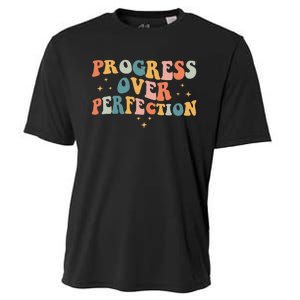 Progress Over Perfection Motivational Teacher Groovy Retro Cooling Performance Crew T-Shirt