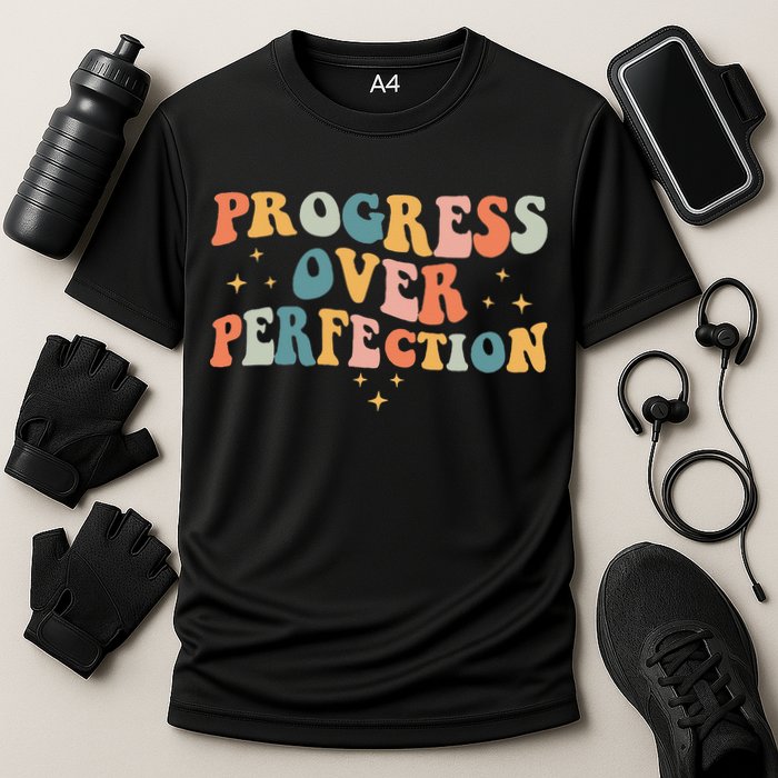 Progress Over Perfection Motivational Teacher Groovy Retro Performance Shirt