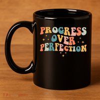 Progress Over Perfection Motivational Teacher Groovy Retro 11oz C Handle Ceramic Mug