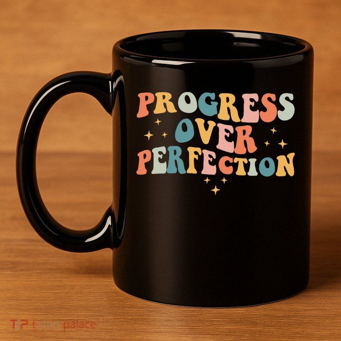 Progress Over Perfection Motivational Teacher Groovy Retro 11oz C Handle Ceramic Mug