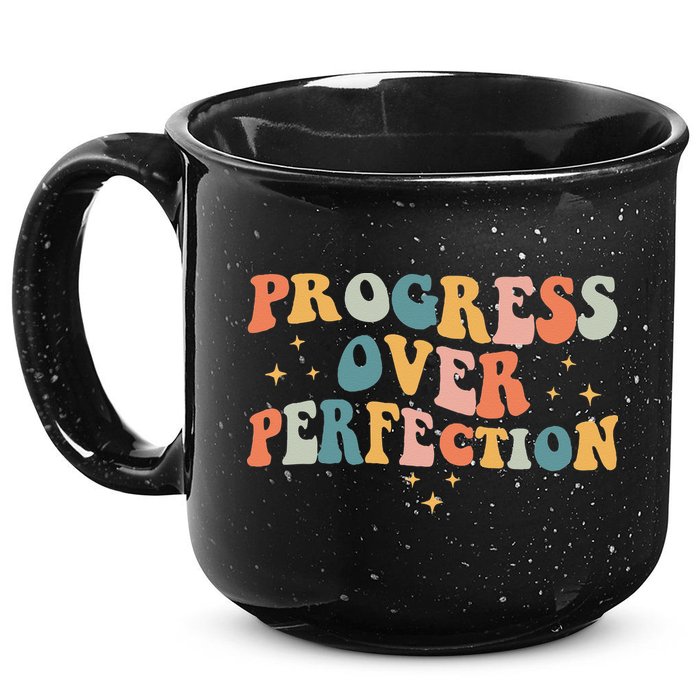 Progress Over Perfection Motivational Teacher Groovy Retro 15oz Campfire Ceramic Mug