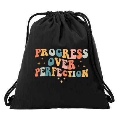 Progress Over Perfection Motivational Teacher Groovy Retro Drawstring Bag