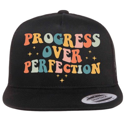 Progress Over Perfection Motivational Teacher Groovy Retro Flatbill Hat