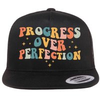 Progress Over Perfection Motivational Teacher Groovy Retro Flat Bill Trucker Hat