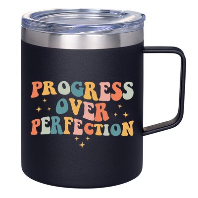 Progress Over Perfection Motivational Teacher Groovy Retro 12oz Stainless Steel Coffee Mug