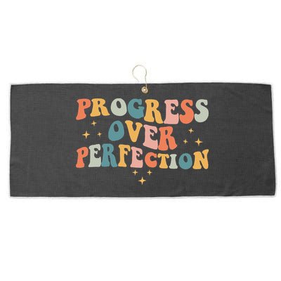 Progress Over Perfection Motivational Teacher Groovy Retro Large Microfiber Waffle Golf Towel