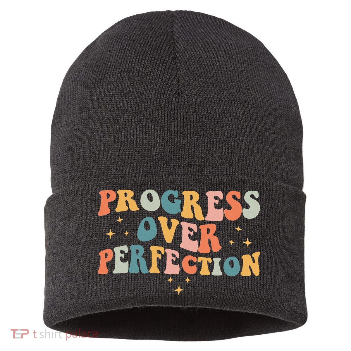 Progress Over Perfection Motivational Teacher Groovy Retro Sustainable Knit Beanie