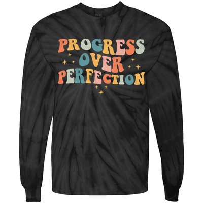 Progress Over Perfection Motivational Teacher Groovy Retro Tie-Dye Long Sleeve Shirt