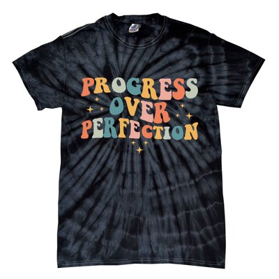 Progress Over Perfection Motivational Teacher Groovy Retro Tie-Dye T-Shirt