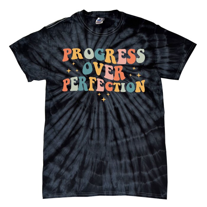 Progress Over Perfection Motivational Teacher Groovy Retro Tie-Dye T-Shirt