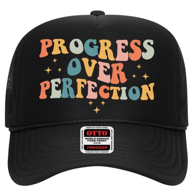 Progress Over Perfection Motivational Teacher Groovy Retro Trucker Hat