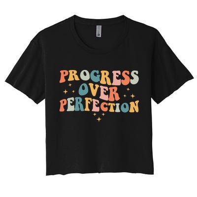 Progress Over Perfection Motivational Teacher Groovy Retro Crop Top