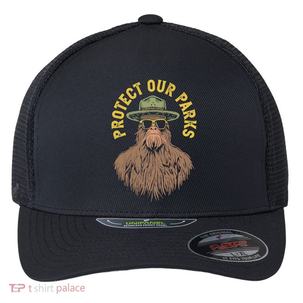 Protect Our Parks! Sasquatch Park Ranger Funny Bigfoot Flexfit Unipanel Trucker Cap