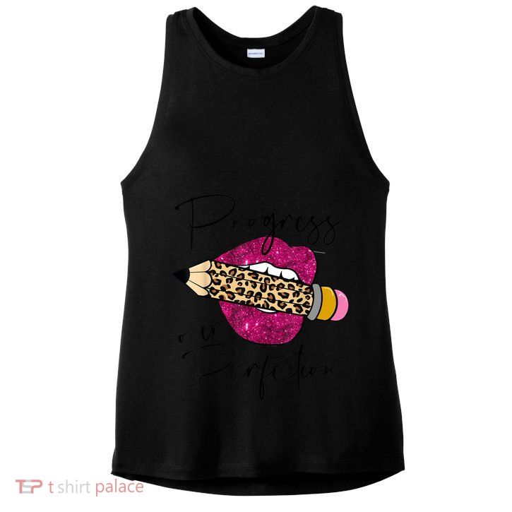 Progress Over Perfection Leopard Pencil Motivational Teacher Ladies PosiCharge Tri-Blend Wicking Tank