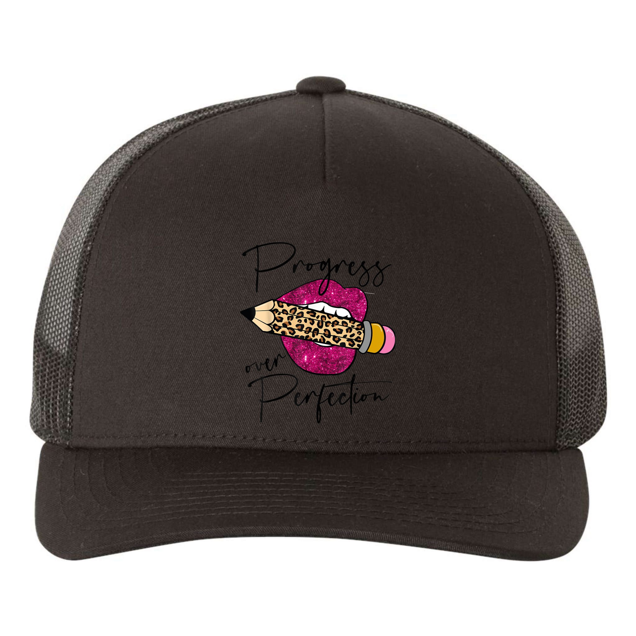 Progress Over Perfection Leopard Pencil Motivational Teacher Yupoong Adult 5-Panel Trucker Hat