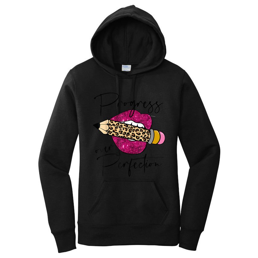 Progress Over Perfection Leopard Pencil Motivational Teacher Women's Pullover Hoodie