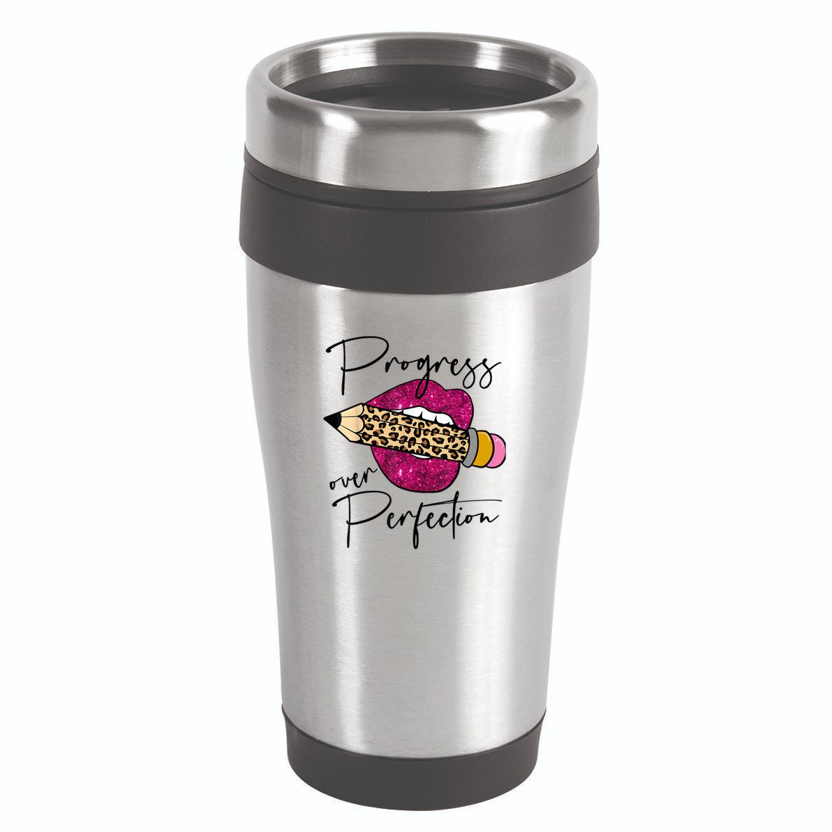 Progress Over Perfection Leopard Pencil Motivational Teacher 16oz Travel Tumbler