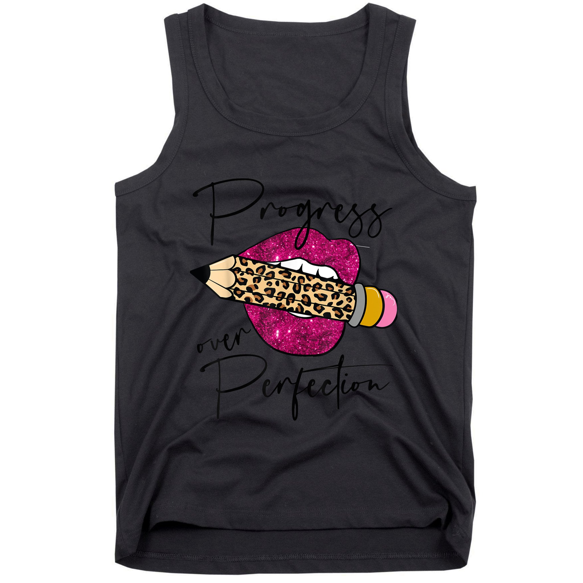 Progress Over Perfection Leopard Pencil Motivational Teacher Tank Top