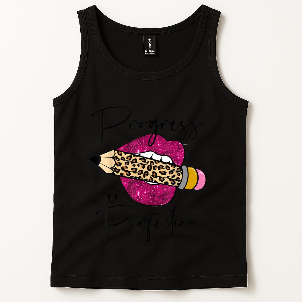 Progress Over Perfection Leopard Pencil Motivational Teacher Tank Top