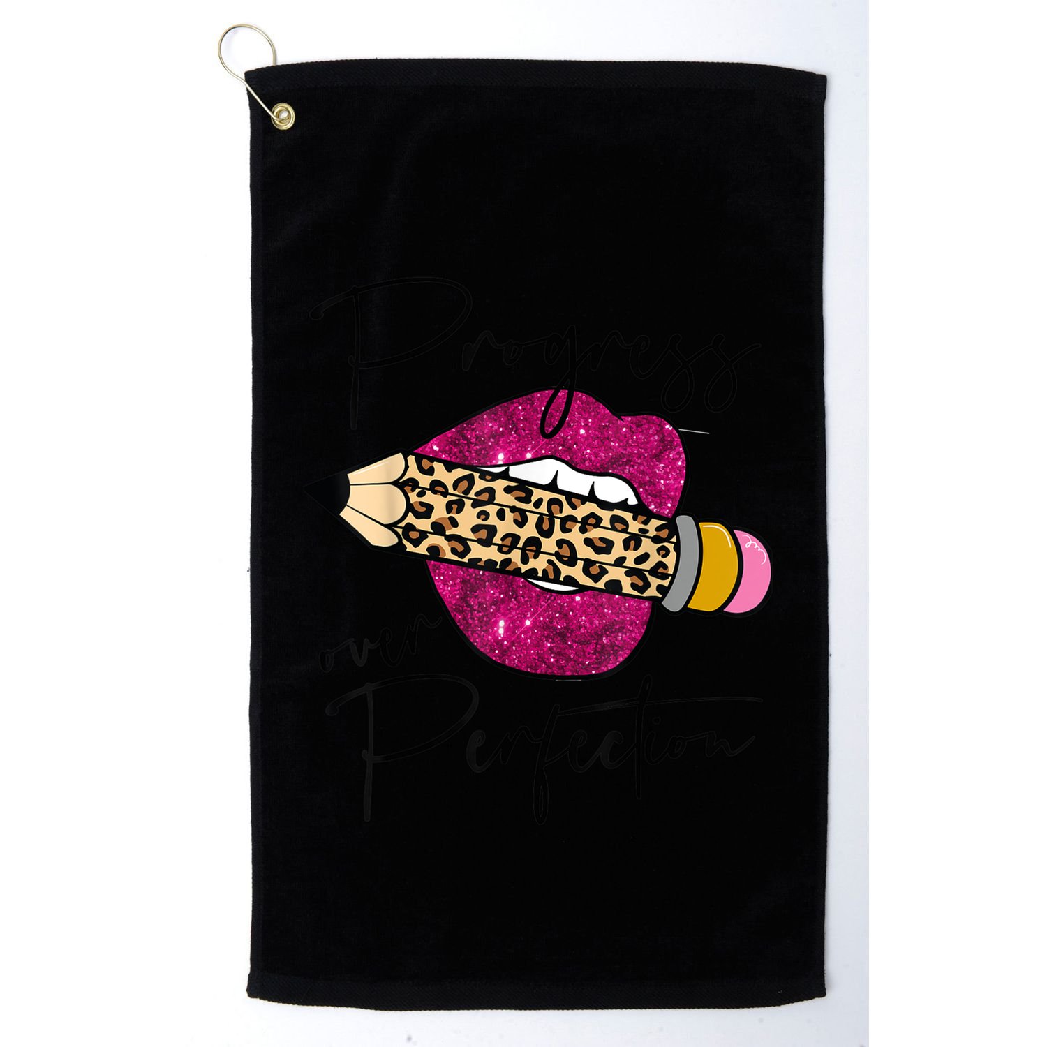 Progress Over Perfection Leopard Pencil Motivational Teacher Golf Towel