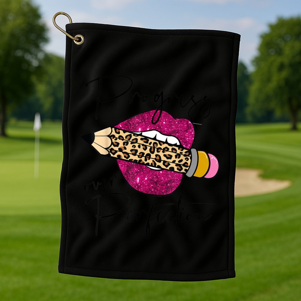 Progress Over Perfection Leopard Pencil Motivational Teacher Golf Towel