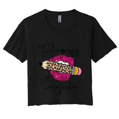 Progress Over Perfection Leopard Pencil Motivational Teacher Crop Top