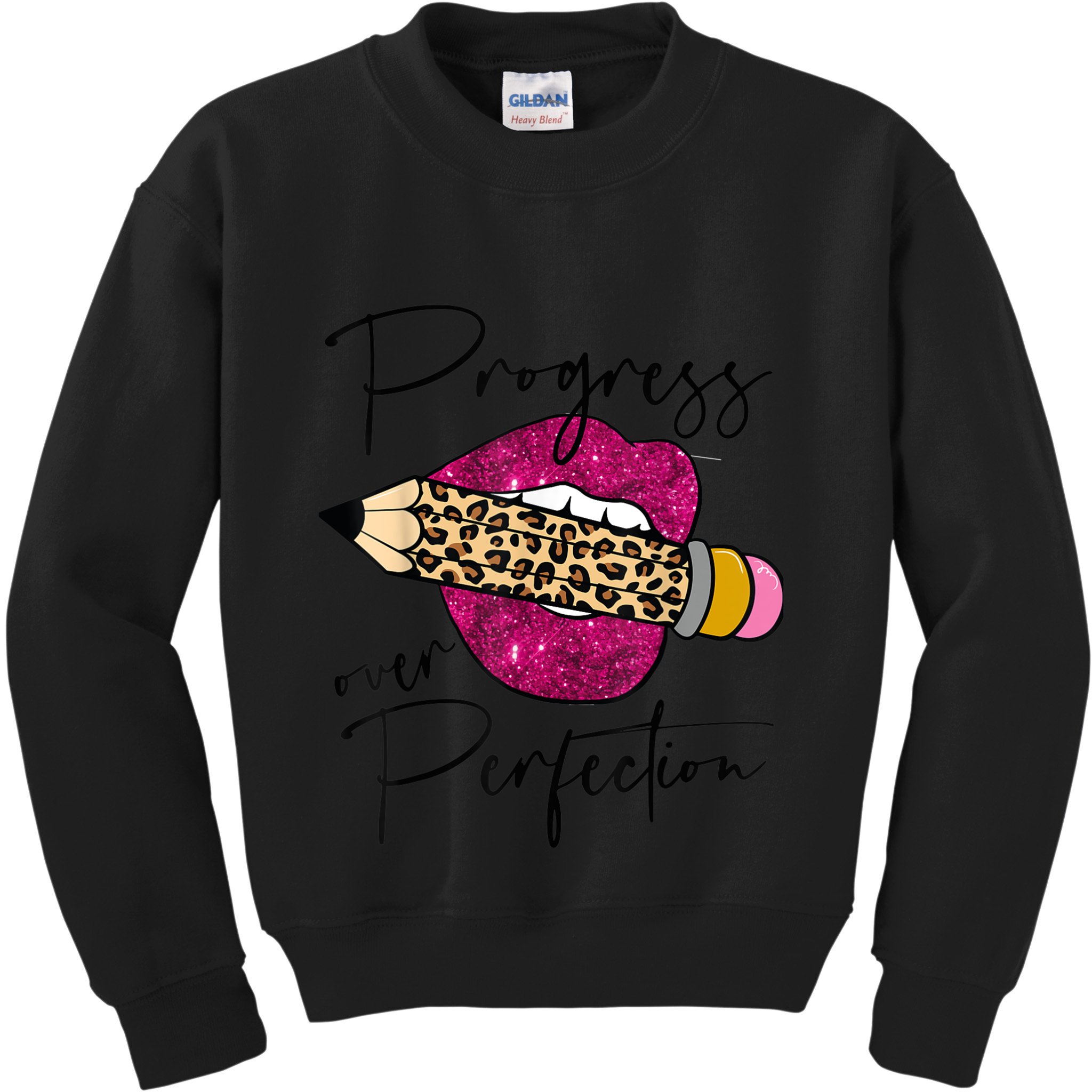 Progress Over Perfection Leopard Pencil Motivational Teacher Kids Sweatshirt