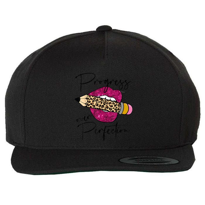 Progress Over Perfection Leopard Pencil Motivational Teacher Wool Snapback Cap