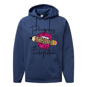 Progress Over Perfection Leopard Pencil Motivational Teacher Performance Fleece Hoodie