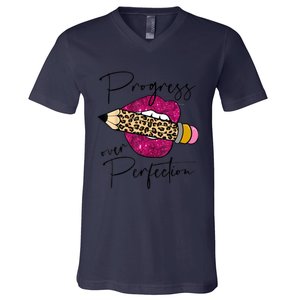 Progress Over Perfection Leopard Pencil Motivational Teacher V-Neck T-Shirt