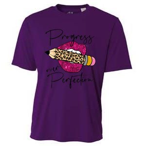 Progress Over Perfection Leopard Pencil Motivational Teacher Cooling Performance Crew T-Shirt