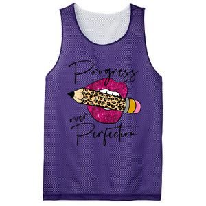 Progress Over Perfection Leopard Pencil Motivational Teacher Mesh Reversible Basketball Jersey Tank