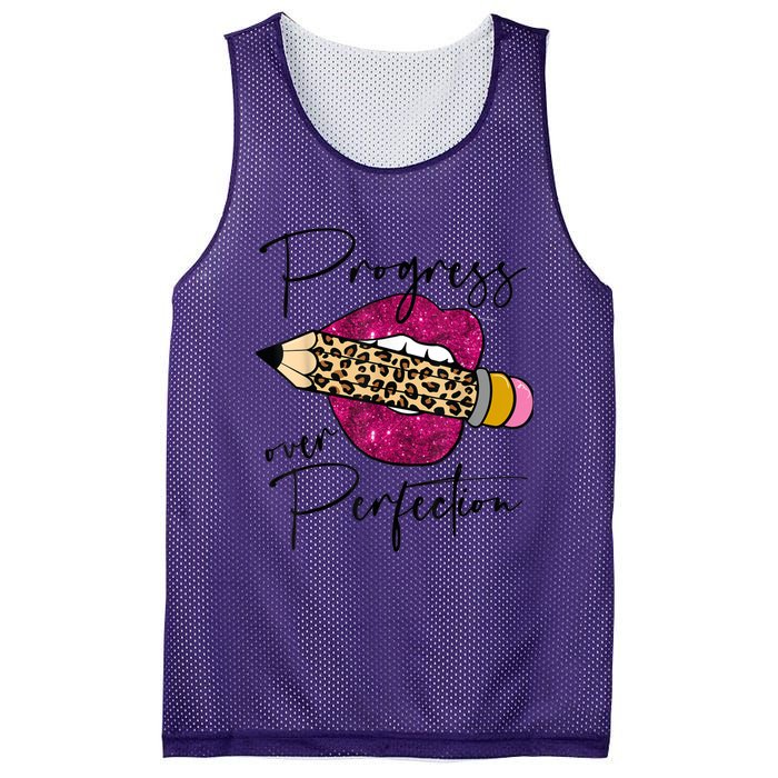 Progress Over Perfection Leopard Pencil Motivational Teacher Mesh Reversible Basketball Jersey Tank