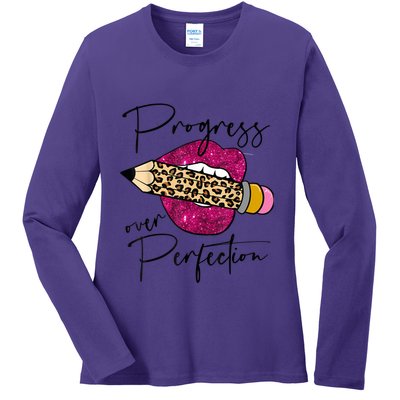 Progress Over Perfection Leopard Pencil Motivational Teacher Ladies Long Sleeve Shirt