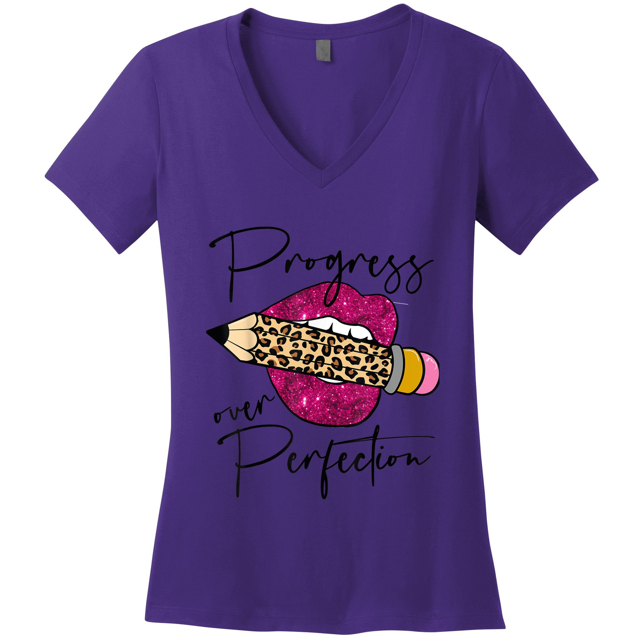 Progress Over Perfection Leopard Pencil Motivational Teacher Women's V-Neck T-Shirt