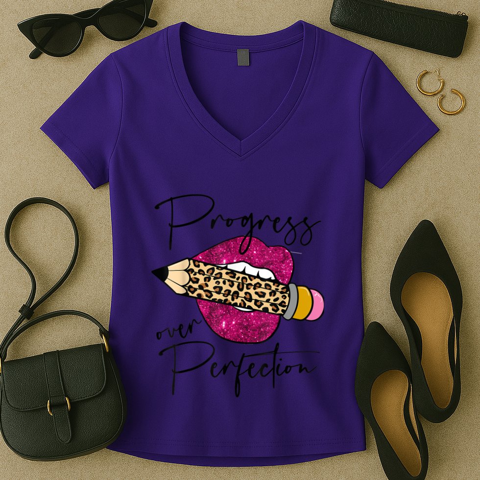 Progress Over Perfection Leopard Pencil Motivational Teacher Women's V-Neck T-Shirt