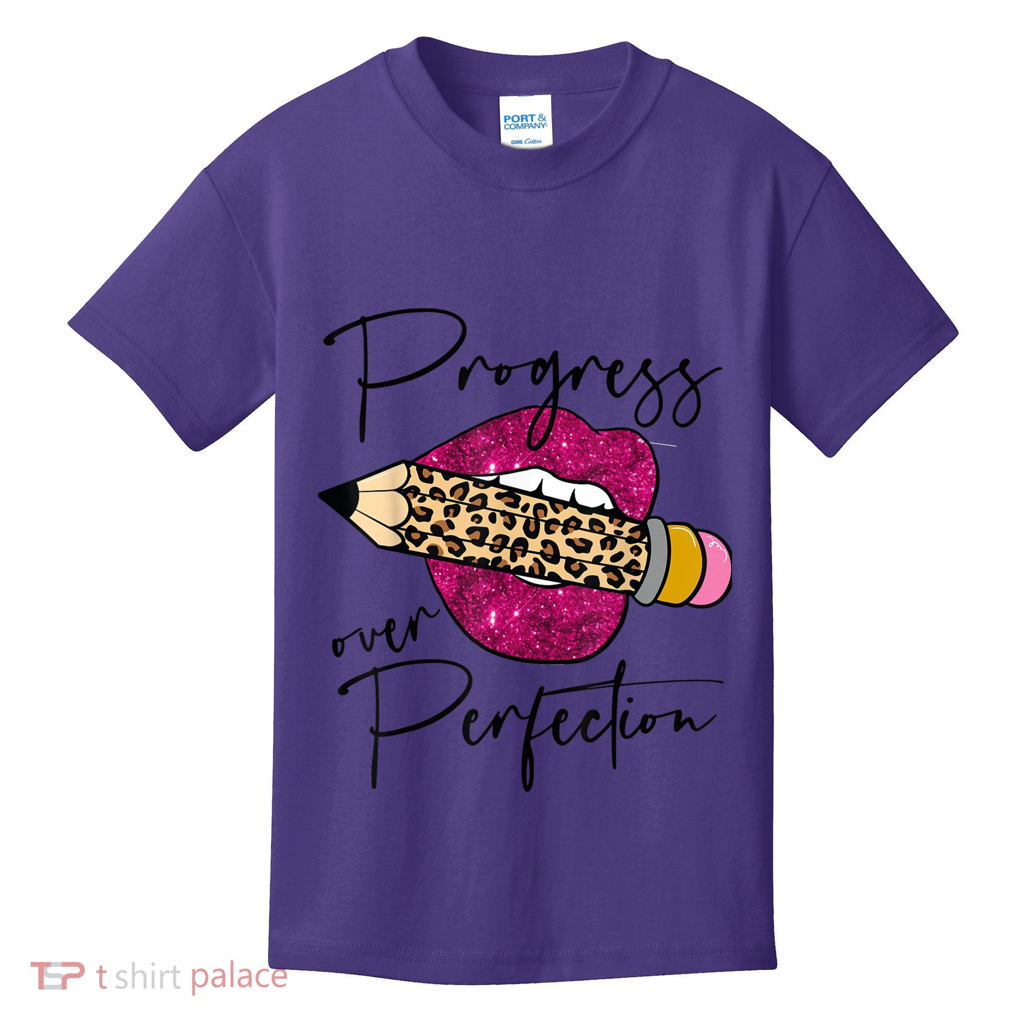 Progress Over Perfection Leopard Pencil Motivational Teacher Kids T-Shirt