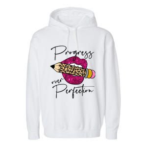 Progress Over Perfection Leopard Pencil Motivational Teacher Garment-Dyed Fleece Hoodie